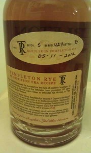 The back of a bottle of Templeton Rye