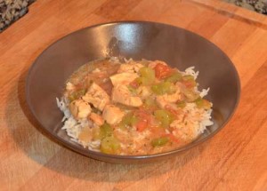 A bowl of bourbon chicken and shrimp gumbo