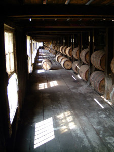 Bourbon warehouse and barrels