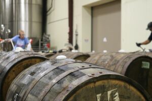 Barrels at a craft distillery